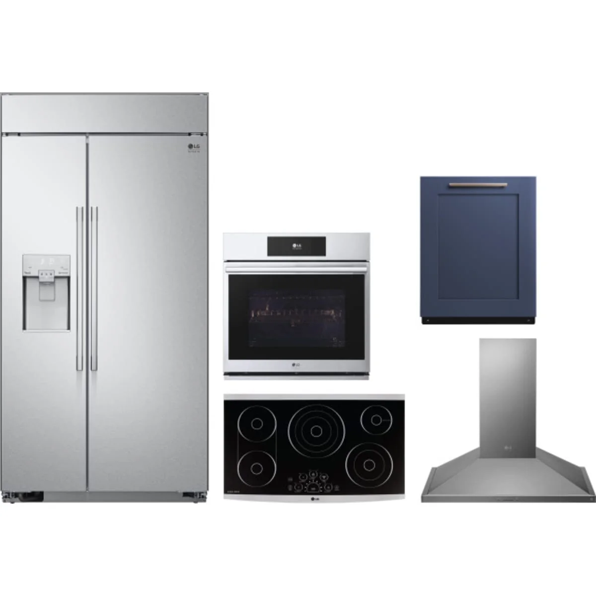 LG 5-Piece Package SRSXB2622S 42 Built In Side By Side Refrigerator and LSCE365ST 36 Smoothtop Electric Cooktop and WSES4728F 30 Smart Electric Single Wall Oven and SDWD24P3 24 Integrated Smart Dishwasher and LSHD3680ST 36 Wall Mount Smart Chimney Hood