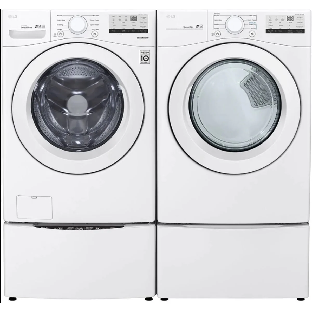 LG WM3400CW 27 Inch Front Load Washer & LG DLG3401W 27 Inch Gas Dryer with LG WDP6W 27 Inch Pedestal Storage Drawer: White