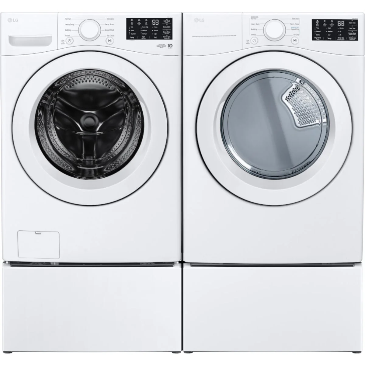 LG WM3470CW 27 Inch Front Load Washer & LG DLG3471W 27 Inch Gas Dryer with LG WDP6W 27 Inch Pedestal Storage Drawer: White