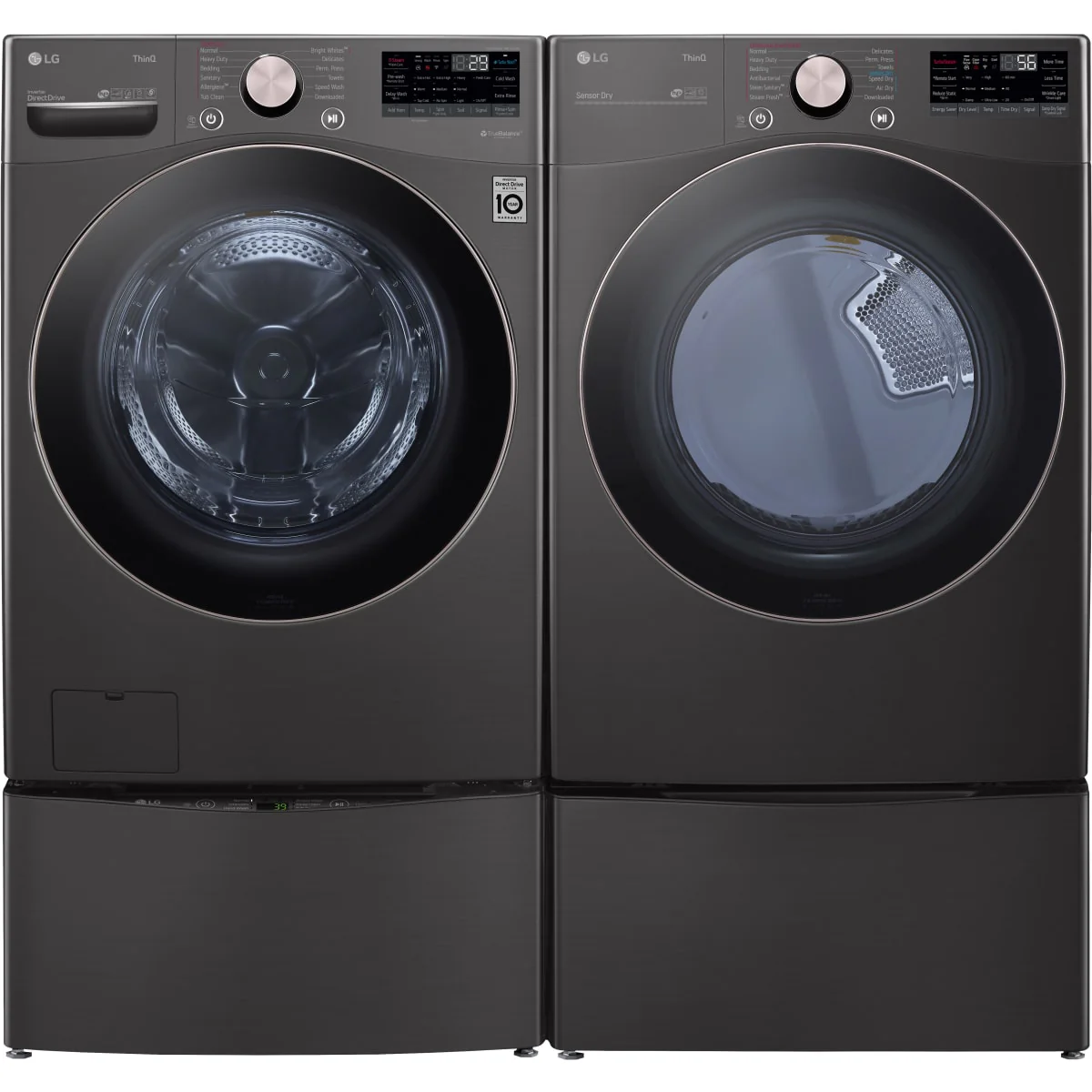 LG WM4000HBA and LG WDP6B 27 Inch Pedestal Storage Drawer: Black Steel 27 Inch Smart Front Load Washer & LG DLGX4001B 27 Inch Gas Smart Dryer with LG WD300CB 27 Inch SideKick™ Pedestal Washer