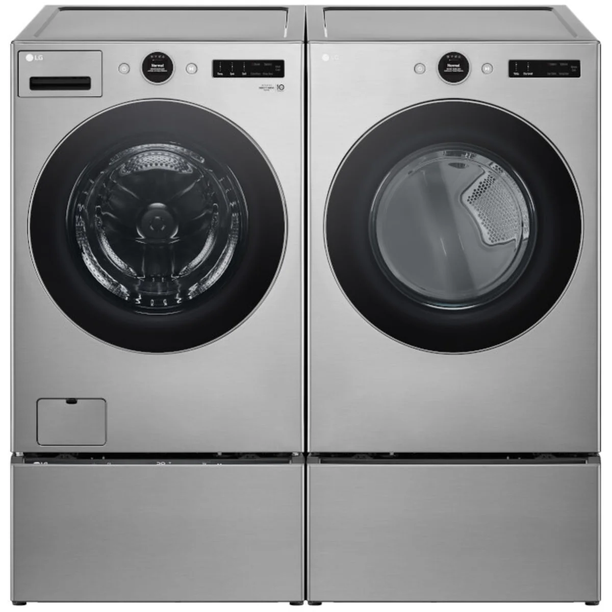 LG WM5700HVA 27 Inch Smart Front Load Washer & LG DLEX5500V 27 Inch Electric Smart Dryer with LG WD300CV 27 Inch SideKick™ Pedestal Washer
