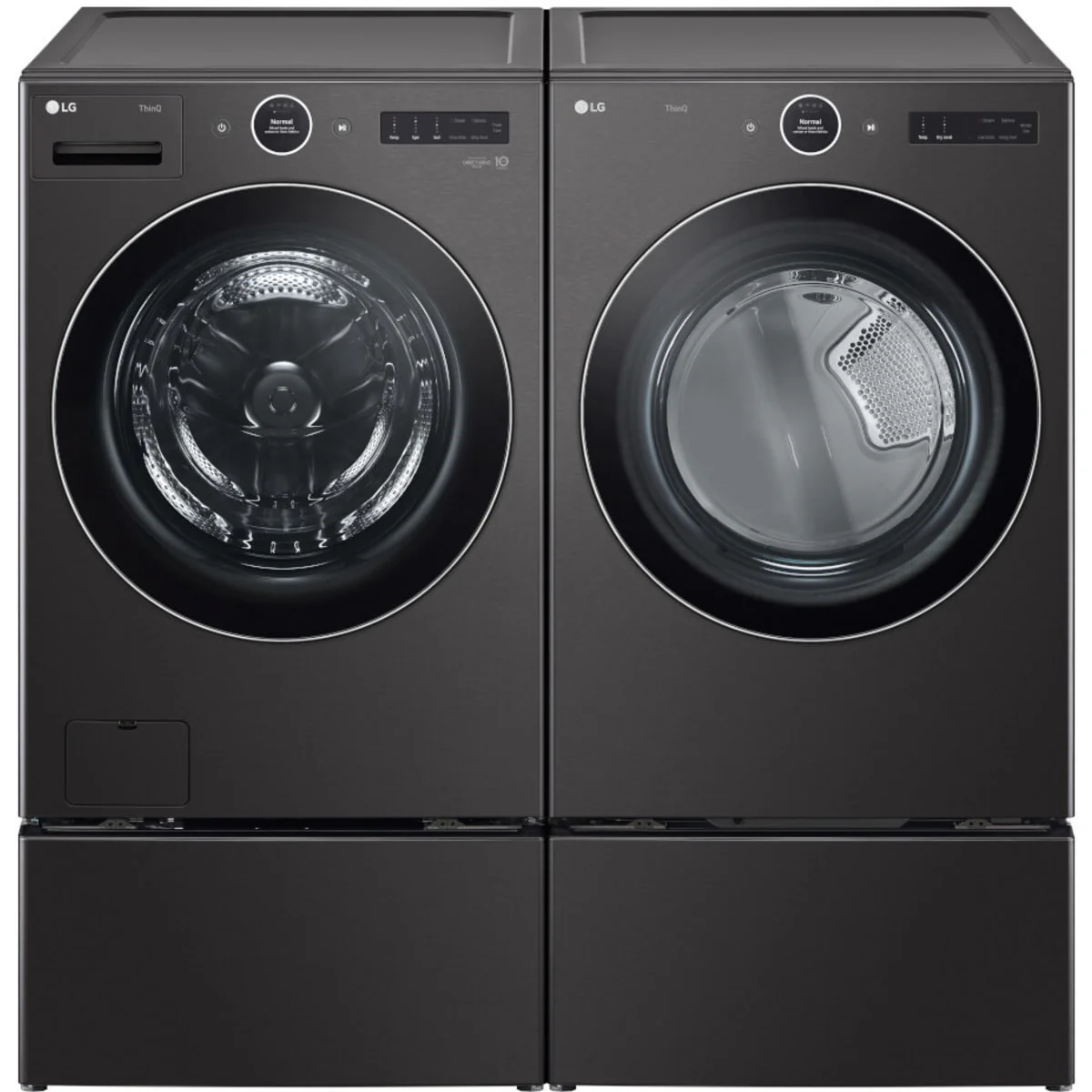 LG WM6700HBA 27 Inch Smart Front Load Washer & LG DLGX6701B 27 Inch Smart Gas Dryer with LG WDP6B 27 Inch Pedestal Storage Drawer: Black Steel