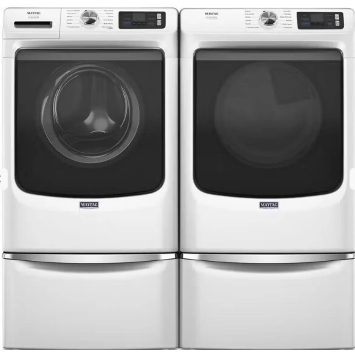 Maytag MFW7020RW 27 Inch Smart Pet Pro Front Load Washer & Maytag MGD7020RW 27 Inch Smart Pet Pro Front Load Gas Dryer with Maytag XHPC155XW 15 1/2 Inch Height Laundry Pedestal