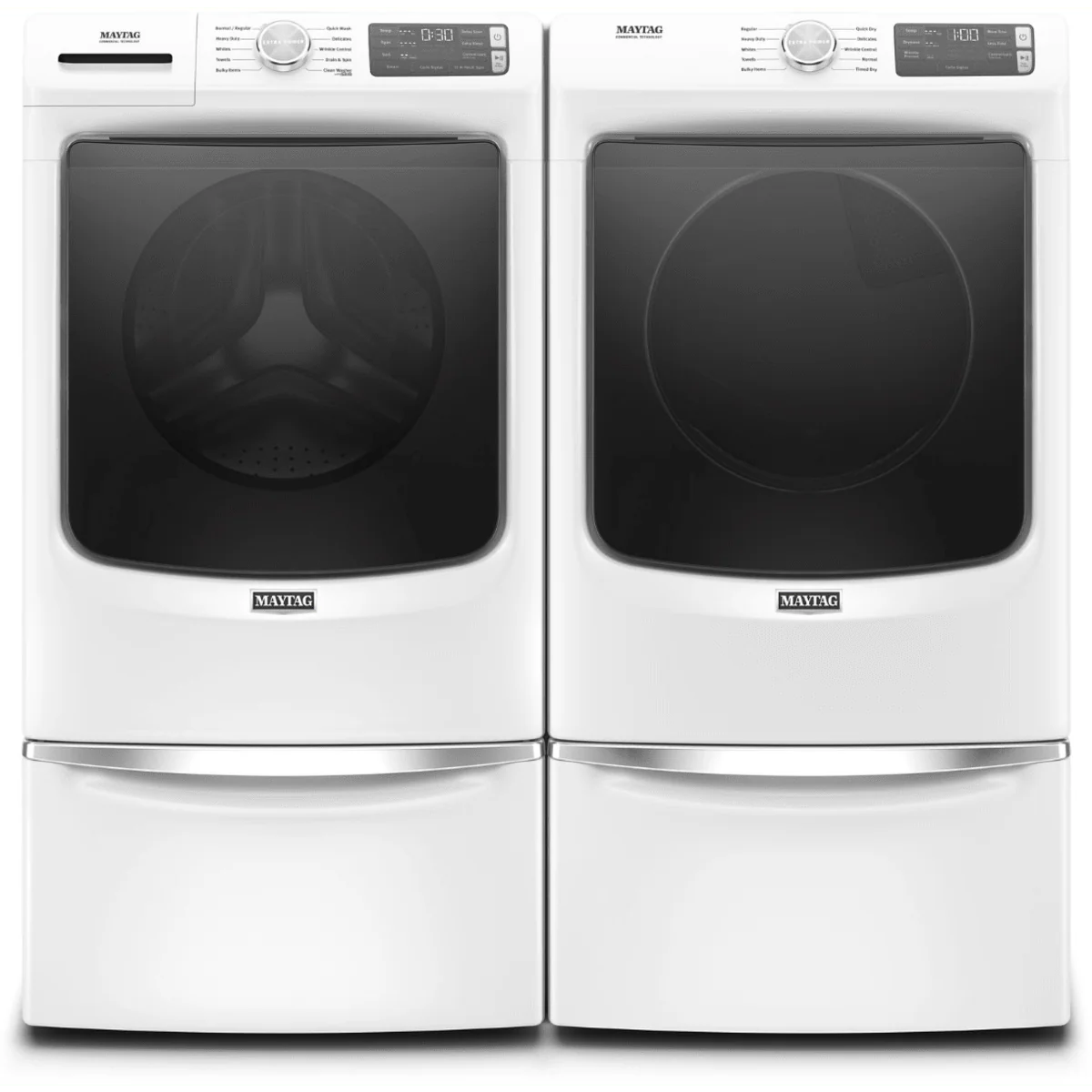 Maytag MHW5630HW 27 Inch Front Load Washer & Maytag MGD5630HW 27 Inch Gas Dryer with Whirlpool 10 Inch Pedestal White