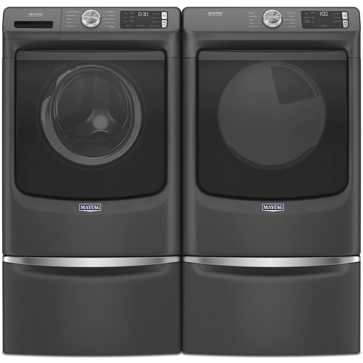 Maytag MHW5630MBK 27 Inch Front Load Washer & Maytag MGD5630MBK 27 Inch Gas Dryer with Maytag XHPC155MBK 15 1/2 Inch Premium Laundry Pedestal