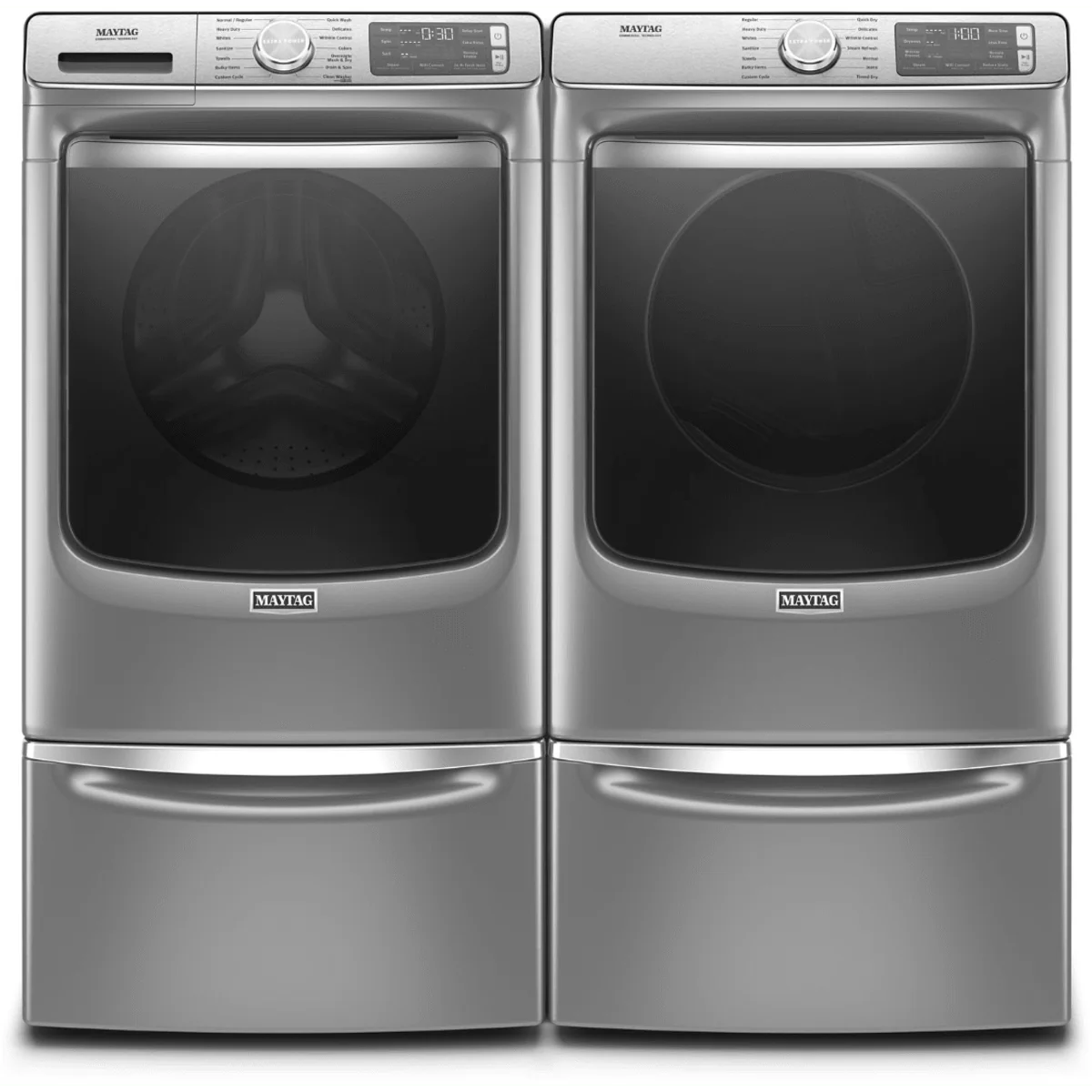 Maytag MHW8630HC 27 Inch Smart Front Load Washer & Maytag MGD8630HC 27 Inch Gas Smart Dryer with Maytag XHPC155YC 15 1/2 Inch Height Laundry Pedestal