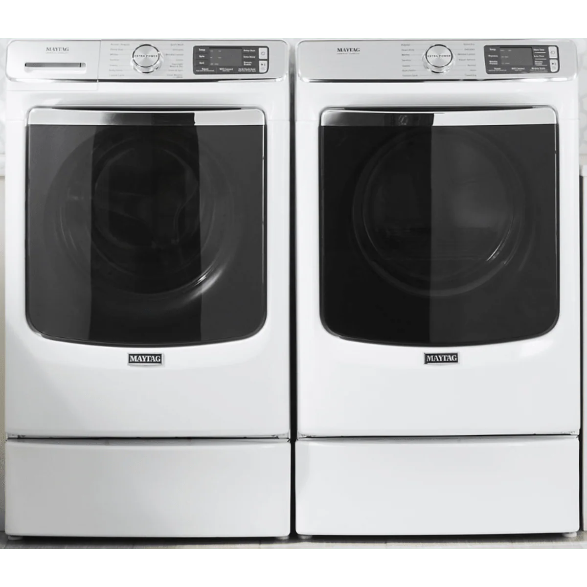 Maytag MHW8630HW 27 Inch Front Load Smart Washer & Maytag MGD8630HW 27 Inch Gas Smart Dryer with Whirlpool 10 Inch Pedestal White