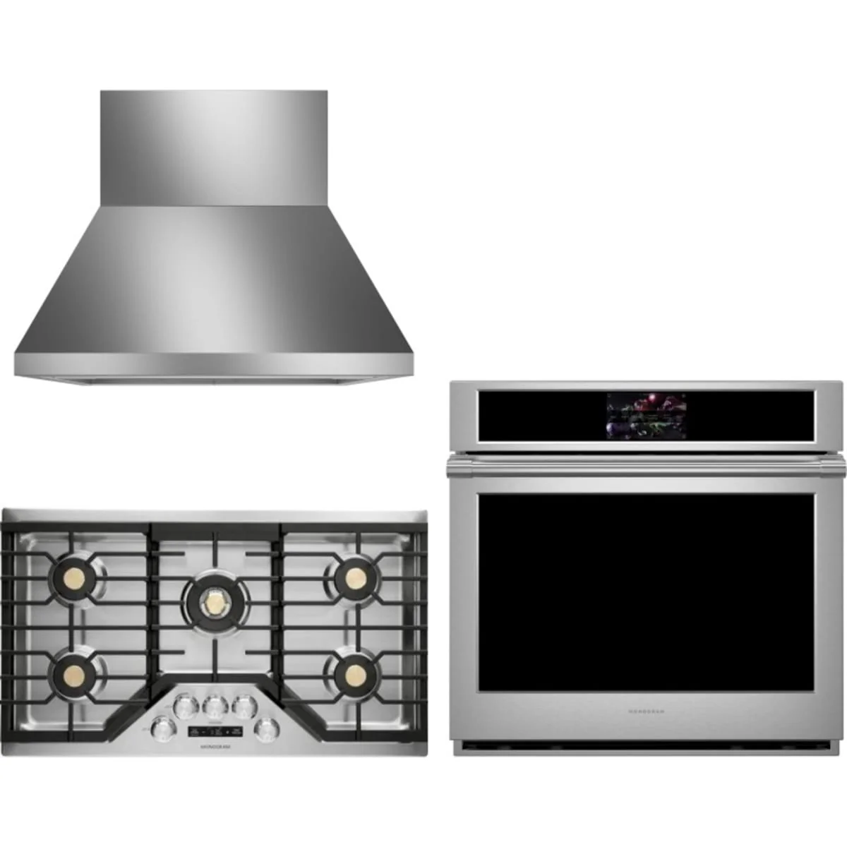 Monogram 3-Piece Package ZGU36ESLSS 36 Inch Gas Smart Cooktop and ZTS90DPSNSS 30 Inch Built-In Electric Smart Single Wall Ove and ZVW1360SPSS 36 Inch Professional Wall Mount Smart Range Hoo