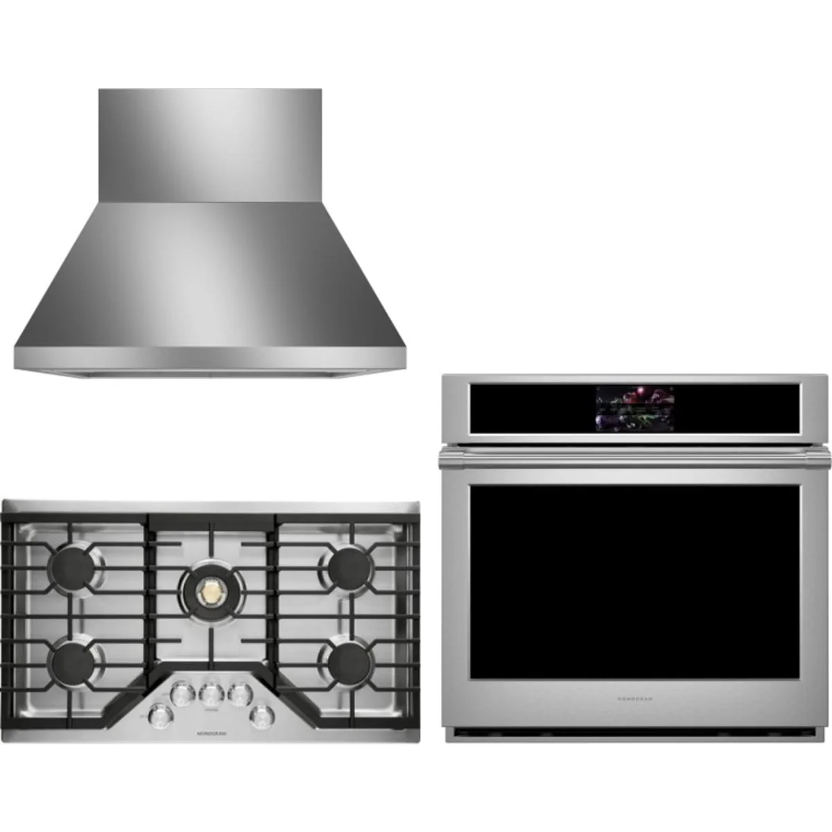 Monogram 3-Piece Package ZGU36RSLSS 36 Inch Gas Cooktop and ZTS90DPSNSS 30 Inch Built-In Electric Smart Single Wall Ove and ZVW1360SPSS 36 Inch Professional Wall Mount Smart Range Hoo