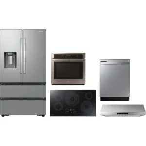 Samsung 5-Piece Package RF26CG7400SR 36 Smart 4-Door French-Door Refrigerator and NV51T5511SS 30 Single Wall Oven and NZ36K7570RS 36 Electric Cooktop and DW80CG4021SR 24 Integrated Dishwasher and NK36N7000US 36 Under Cabinet Smart Range Hood