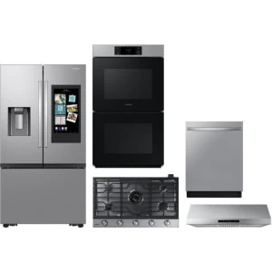 Samsung 5-Piece Package RF27CG5900SR 36 Counter-Depth Smart 3-Door French French-Door Refrigerator and NA36N7755TS 36 Cooktop and NK36N7000US 36 Under Cabinet Hood and NV51CG700DSR 30 Electric Double Wall Oven and DW80CG5451SR 24 Integrated Dishwasher