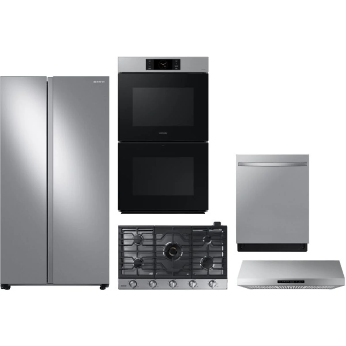 Samsung 5-Piece Package RS28A500ASR 36 Freestanding Side by Side Smart Refrigerator and NA36N7755TS 36 Cooktop and NK36N7000US 36 Under Cabinet Hood and NV51CG700DSR 30 Electric Double Wall Oven and DW80CG5451SR 24 Integrated Dishwasher