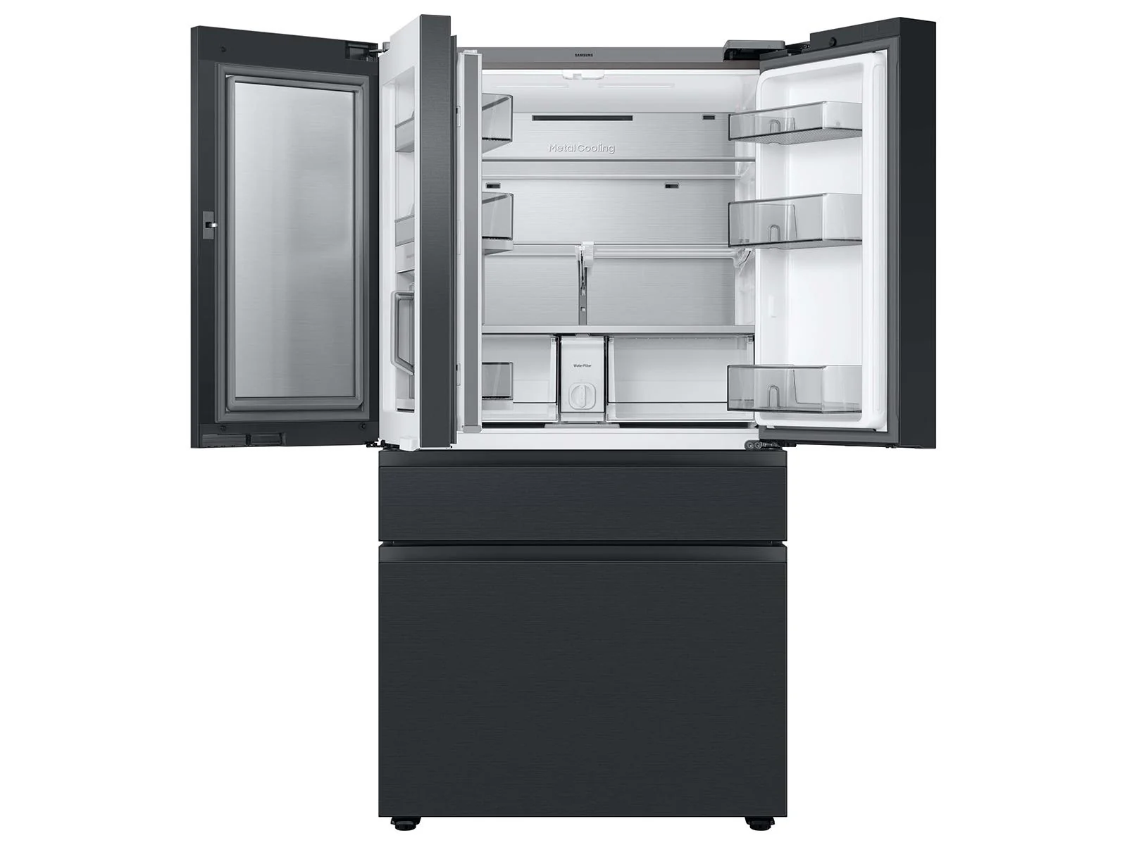 SAMSUNG RF29BB89008M Bespoke 4-Door French Door Refrigerator (29 cu. ft.) - with Top Left and Family Hub™ Panel in Charcoal Glass - and Matte Black Steel Middle and Bottom Door Panels in Stainless Steel - Image 12
