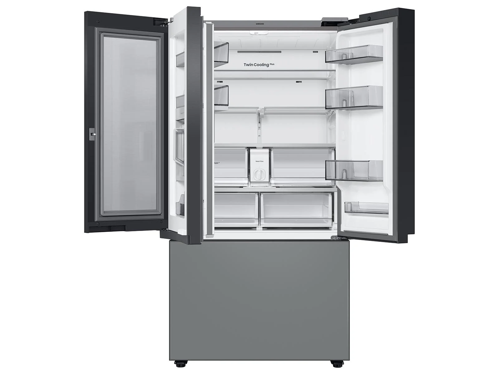 SAMSUNG RF30BB69006M Bespoke 3-Door French Door Refrigerator (30 cu. ft.) - with Top Left and Family Hub™ Panel in White Glass - and Matte Grey Glass Bottom Door Panel Gray - Image 11