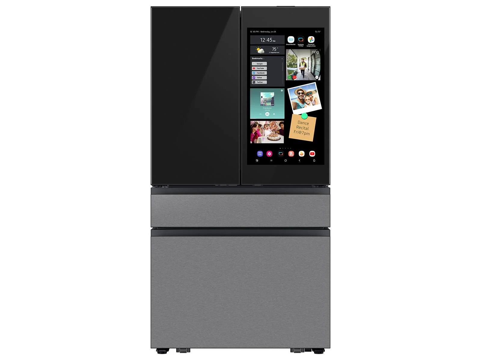 SAMSUNG RF90F23AECR Bespoke 23 cu. ft. Counter Depth 4-Door French Door Refrigerator with AI Family Hub™+ & AI Vision Inside™ in Charcoal Glass and in Stainless Steel Black On Stainless