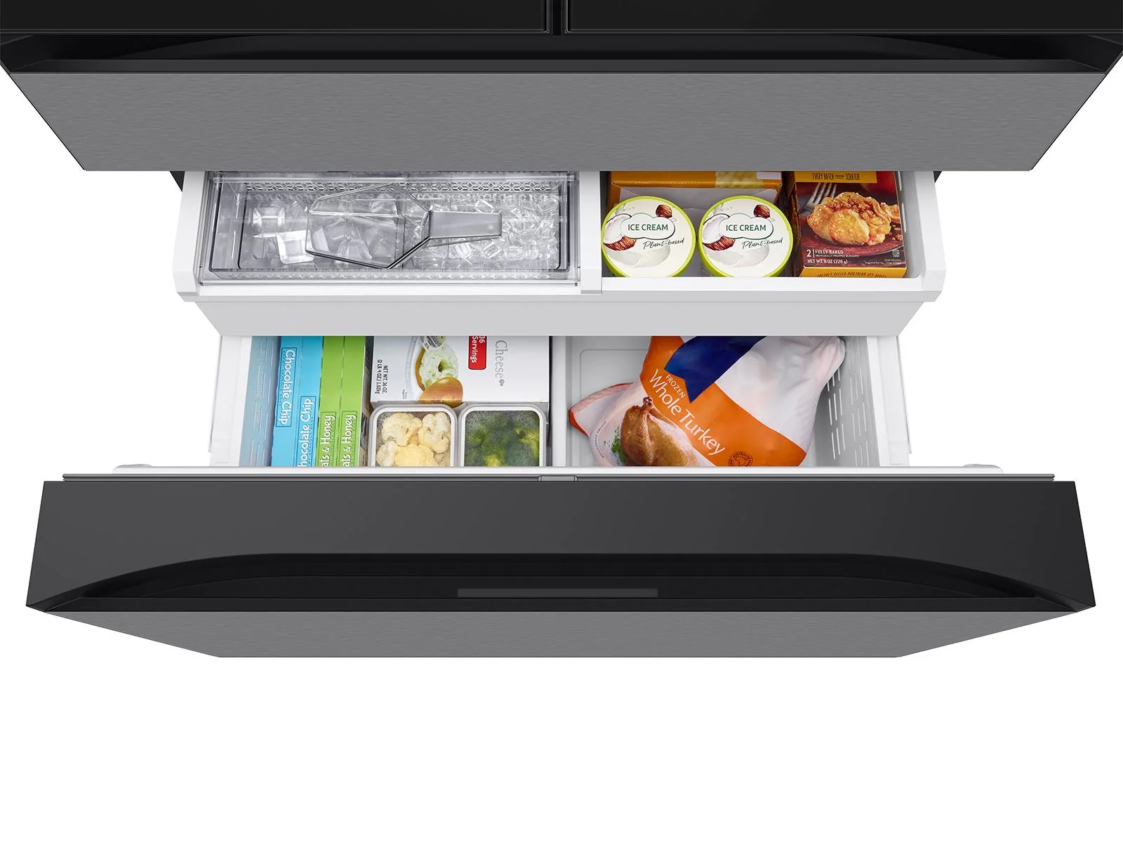 SAMSUNG RF90F23AECR Bespoke 23 cu. ft. Counter Depth 4-Door French Door Refrigerator with AI Family Hub™+ & AI Vision Inside™ in Charcoal Glass and in Stainless Steel Black On Stainless - Image 16
