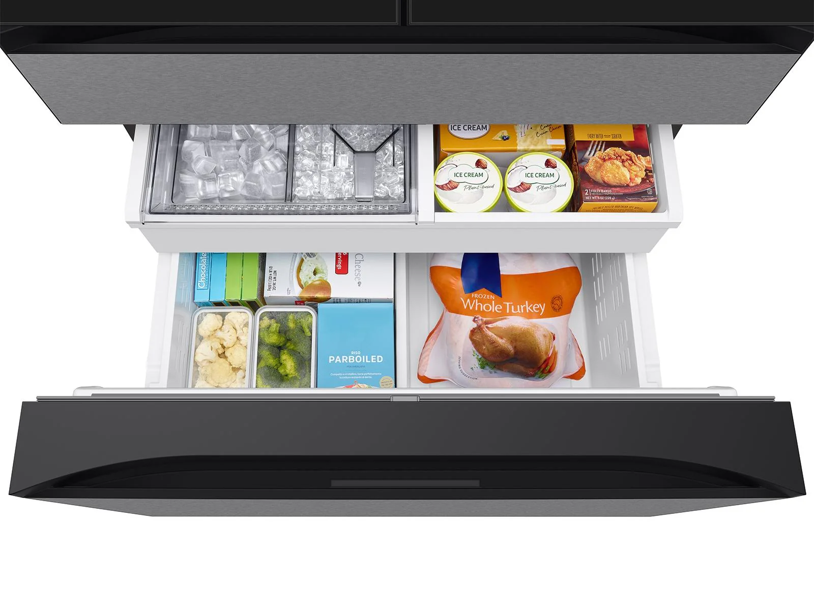 SAMSUNG RF90F29AECR Bespoke 29 cu. ft. 4-Door French Door Refrigerator with AI Family Hub™+ & AI Vision Inside™ in Charcoal Glass and in Stainless Steel Black On Stainless - Image 16