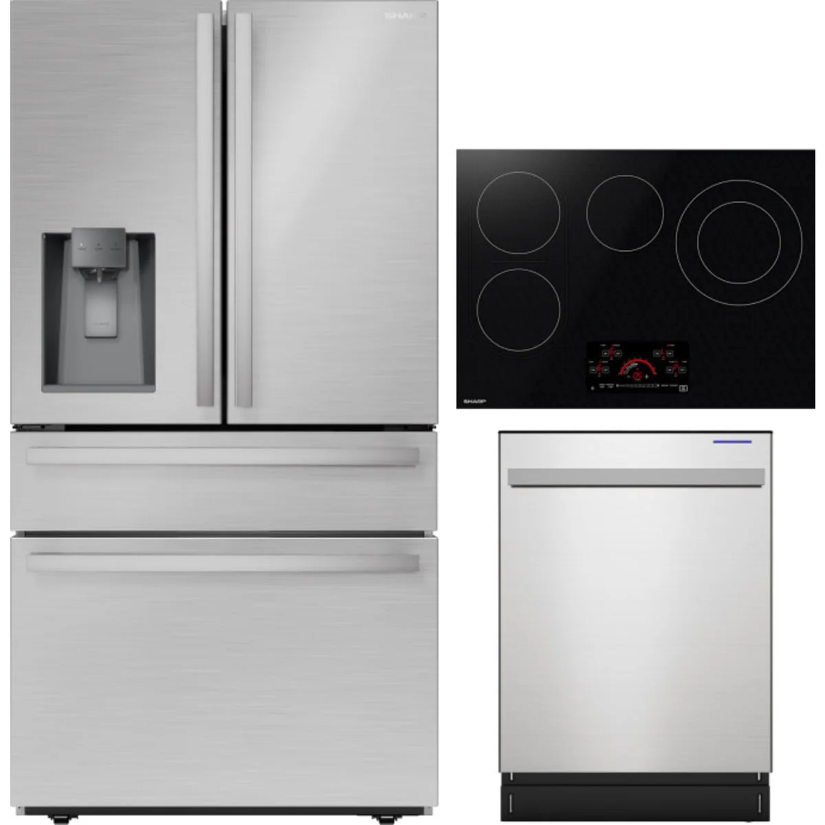 Sharp 3-Piece Package SJG2254FS 36 Inch French 4-Door Refrigerator and SCR3042FB 30 Inch Drop In Cooktop and SDW6757ES 24 Inch Fully Integrated Dishwasher