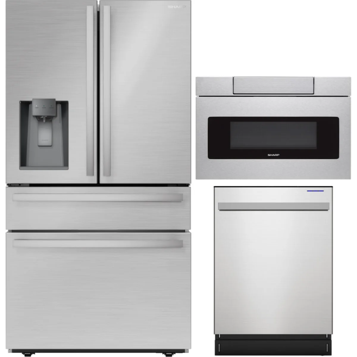 Sharp 3-Piece Package SJG2254FS 36 Inch French 4-Door Refrigerator and SMD3070ASY 30 inch Microwave Drawer Ove and SDW6757ES 24 Inch Fully Integrated Dishwasher