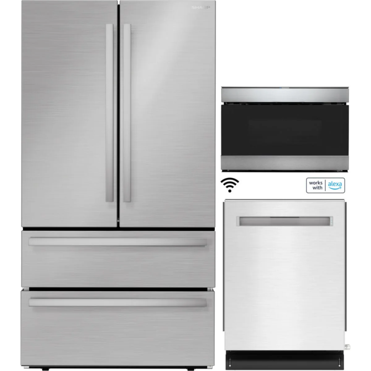 Sharp 3-Piece Package SJG2351FS 36 Inch French 4-Door Counter Depth Refrigerator and SMD2489ES 24 in. 1.2 cu. ft. Flush Mount Microwave Drawerâ„¢ wi and SDW6767HS 24 Inch Fully Integrated Smart Dishwasher