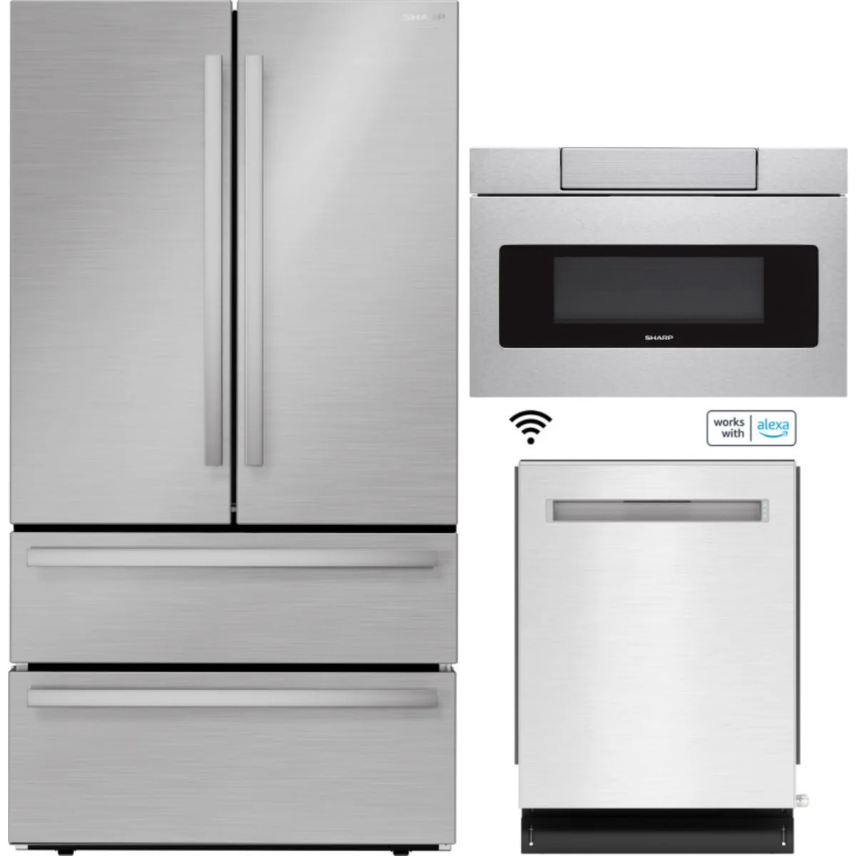Sharp 3-Piece Package SJG2351FS 36 Inch French 4-Door Counter Depth Refrigerator and SMD3070ASY 30 inch Microwave Drawer Ove and SDW6767HS 24 Inch Fully Integrated Smart Dishwasher