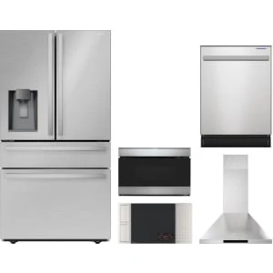 Sharp 5-Piece Package SJG2254FS 36 French 4-Door Refrigerator and SMD2489ES 24 in. 1.2 cu. ft. Flush Mount Microwave Drawer™ wi and SDW6757ES 24 Integrated Dishwasher and SCR2442FB 24 Drop-In Cooktop and SHC2432FS 24 Wall Mount Range Hood