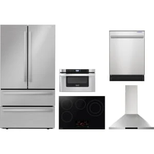 Sharp 5-Piece Package SJG2351FS 36 French 4-Door Counter-Depth Refrigerator and SCR3042FB 30 Drop In Cooktop and SDW6757ES 24 Integrated Dishwasher and KB6524PSY 24 Microwave Oven Drawer and SHC3062FS 30 Wall Mount Range Hood