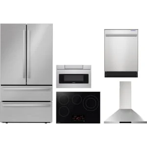 Sharp 5-Piece Package SJG2351FS 36 French 4-Door Counter-Depth Refrigerator and SCR3042FB 30 Drop In Cooktop and SDW6757ES 24 Integrated Dishwasher and SMD2470ASY 24 Microwave Drawer and SHC3062FS 30 Wall Mount Range Hood