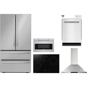 Sharp 5-Piece Package SJG2351FS 36 French 4-Door Counter-Depth Refrigerator and SMD2470ASY 24 Microwave Drawer and SDW6767HS 24 Integrated Smart Dishwasher and SCR3042FB 30 Drop In Cooktop and SHC3062FS 30 Wall Mount Range Hood