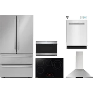 Sharp 5-Piece Package SJG2351FS 36 French 4-Door Counter-Depth Refrigerator and SMD2489ES 24 in. 1.2 cu. ft. Flush Mount Microwave Drawer™ wi and SDW6767HS 24 Integrated Dishwasher and SCR3042FB 30 Drop In Cooktop and SHC3062FS 30 Hood