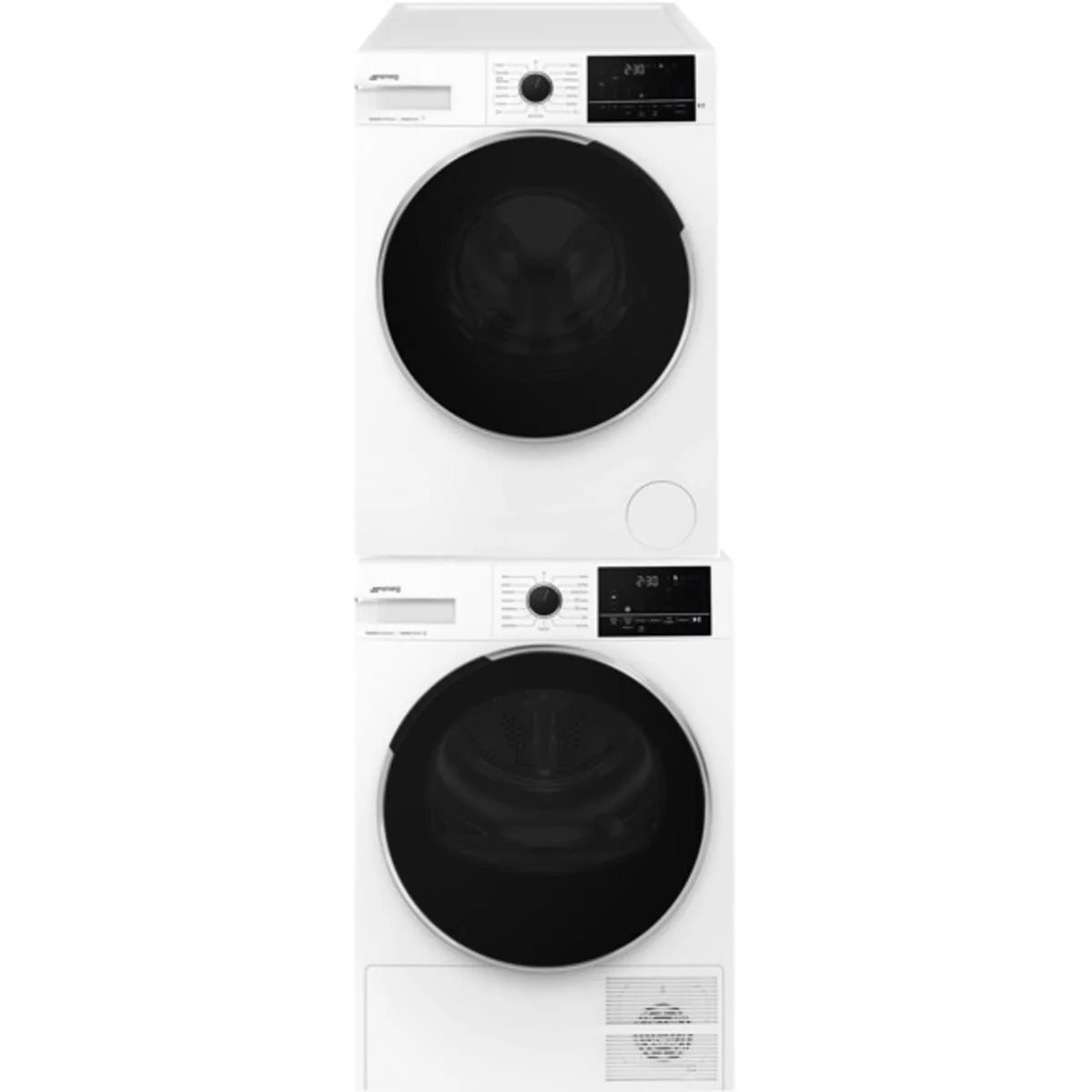 Smeg WM24UWH 24 Inch Front Load Washer & Smeg DH24UWH 24 Inch Electric Heat Pump Dryer with Smeg KITSPNC Stacking Kit