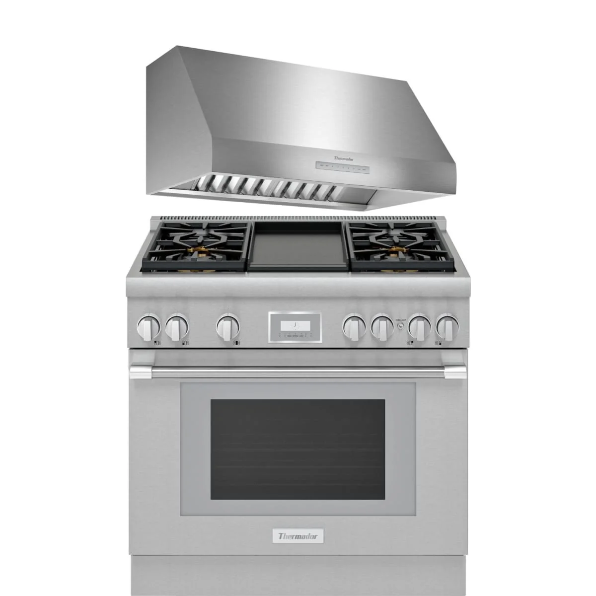 Thermador 2-Piece Package PRD364WDHU 36 Inch Freestanding Dual Fuel Smart Range and PH36HWS 36 Inch Wall Mount Range Hood