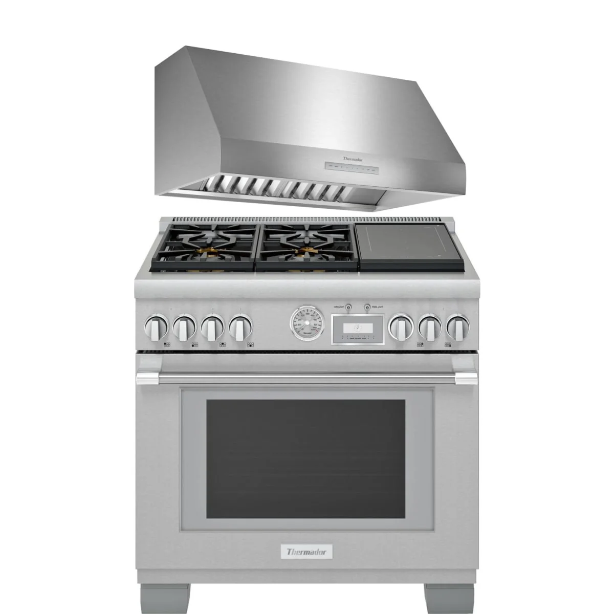 Thermador 2-Piece Package PRD364WIGU 36 Inch Freestanding Dual-Fuel Range and PH36HWS 36 Inch Wall Mount Range Hood