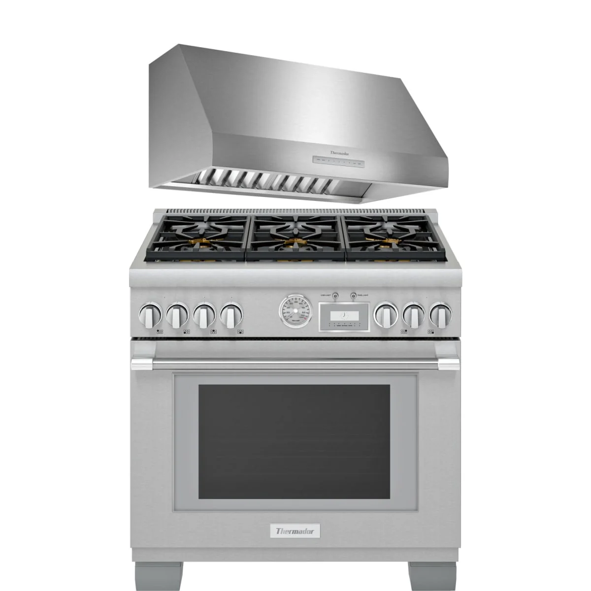 Thermador 2-Piece Package PRD366WGU 36 Inch Freestanding Professional Dual Fuel Smart Range and PH36HWS 36 Inch Wall Mount Range Hood
