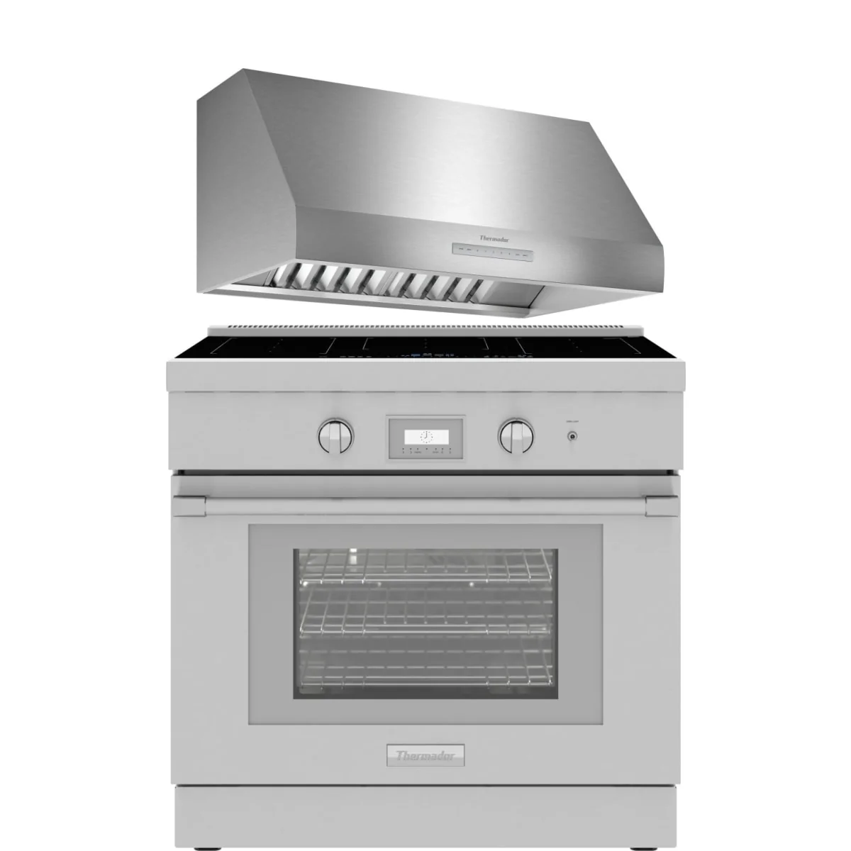 Thermador 2-Piece Package PRI36LBHU 36 Inch Freestanding Induction Smart Range and PH36HWS 36 Inch Wall Mount Range Hood