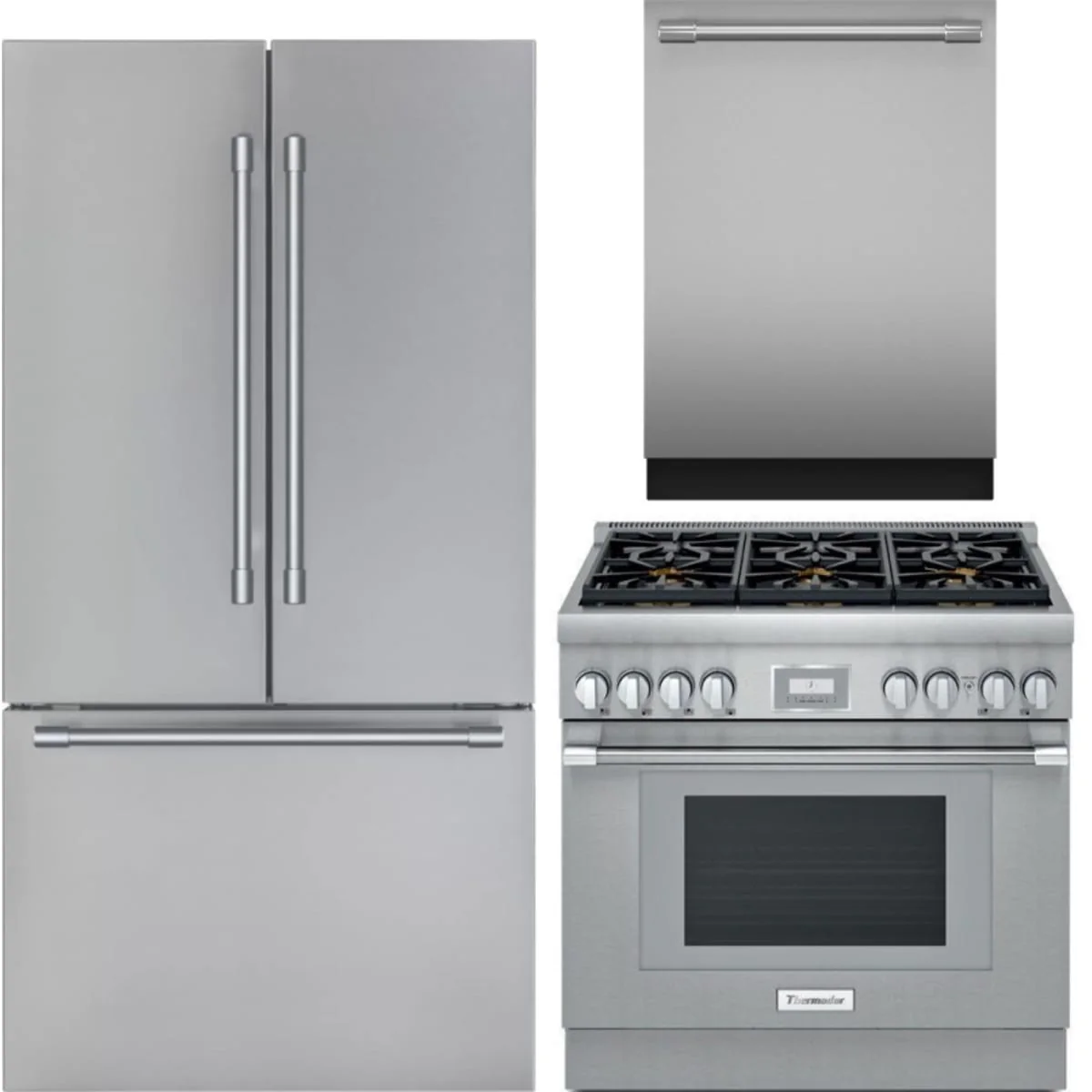Thermador 3-Piece Package T36FT820NS 36 Inch Freestanding French Door Smart Refrigerator and PRD366WHU 36 Inch Freestanding Professional Dual Fuel Smart Range and DWHD640EFP 24 Inch Fully Integrated Smart Dishwasher