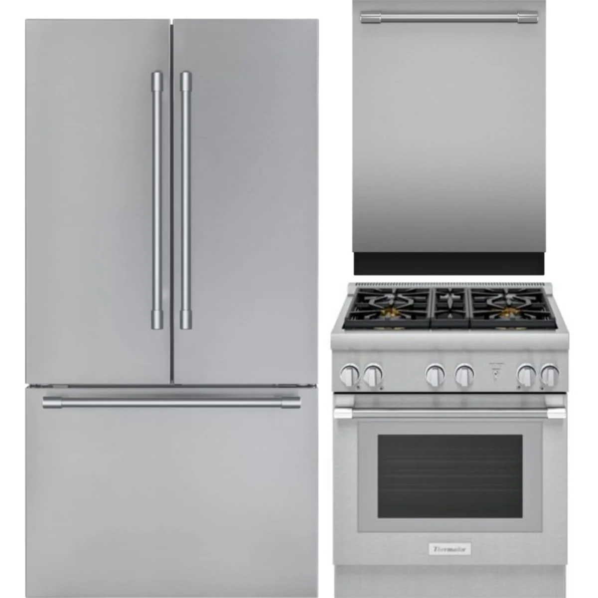Thermador 3-Piece Package T36FT820NS 36 Inch Freestanding French Door Smart Refrigerator and PRG304WH 30 Inch Freestanding Gas Range and DWHD640EFP 24 Inch Fully Integrated Smart Dishwasher