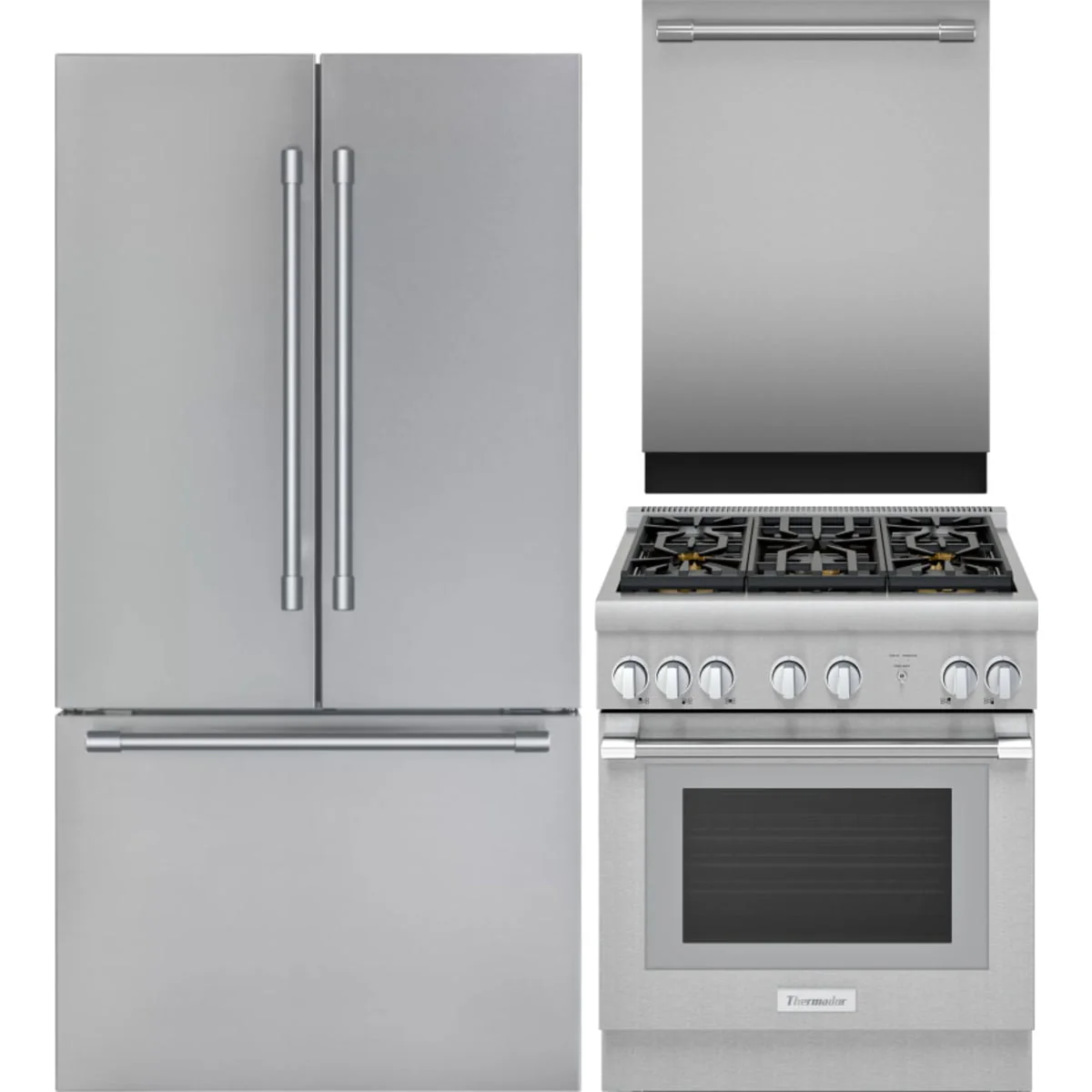 Thermador 3-Piece Package T36FT820NS 36 Inch Freestanding French Door Smart Refrigerator and PRG305WH 30 Inch Freestanding Gas Range and DWHD640EFP 24 Inch Fully Integrated Smart Dishwasher