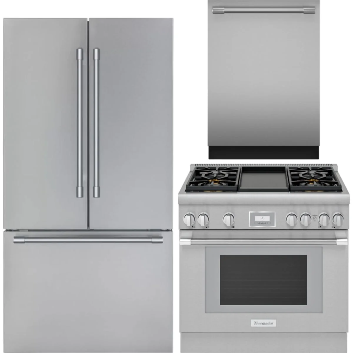 Thermador 3-Piece Package T36FT820NS 36 Inch Freestanding French Door Smart Refrigerator and PRG364WDH 36 Inch Freestanding Gas Smart Range and DWHD640EFP 24 Inch Fully Integrated Smart Dishwasher