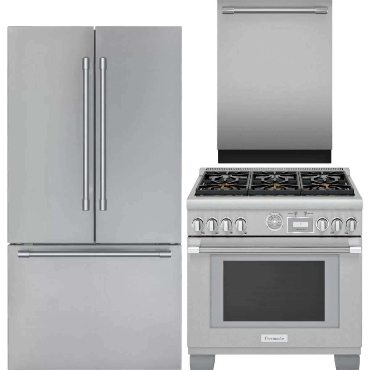 Thermador 3-Piece Package T36FT820NS 36 Inch Freestanding French Door Smart Refrigerator and PRG366WG 36 Inch Freestanding Gas Smart Range and DWHD640EFP 24 Inch Fully Integrated Smart Dishwasher