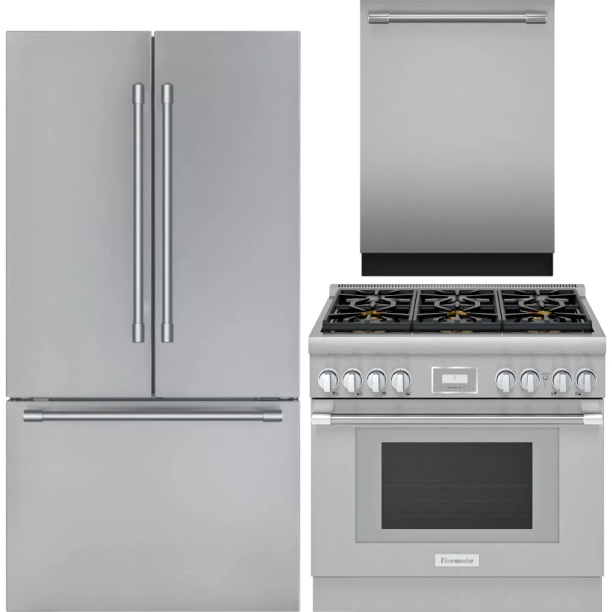 Thermador 3-Piece Package T36FT820NS 36 Inch Freestanding French Door Smart Refrigerator and PRG366WH 36 Inch Freestanding Gas Smart Range and DWHD640EFP 24 Inch Fully Integrated Smart Dishwasher