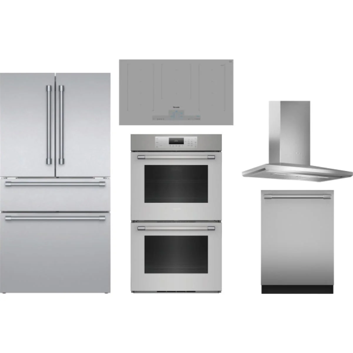 Thermador 5-Piece Package T36FL821NS 36 Freestanding 4-Door French-Door Smart Refrigerator and DWHD640EFP 24 Integrated Dishwasher and CIT367YG 36 Cooktop and ME302YP 30 Double Convection Electric Wall Oven and HMCB36WS 36 Hood