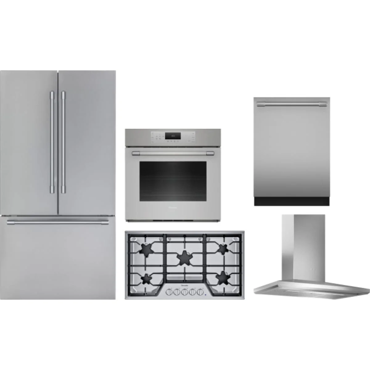 Thermador 5-Piece Package T36FT820NS 36 Freestanding French-Door Smart Refrigerator and ME301YP 30 Wall Oven and SGSX365TS Cooktop and DWHD640EFP 24 Integrated Dishwasher and HMCB36WS 36 Hood