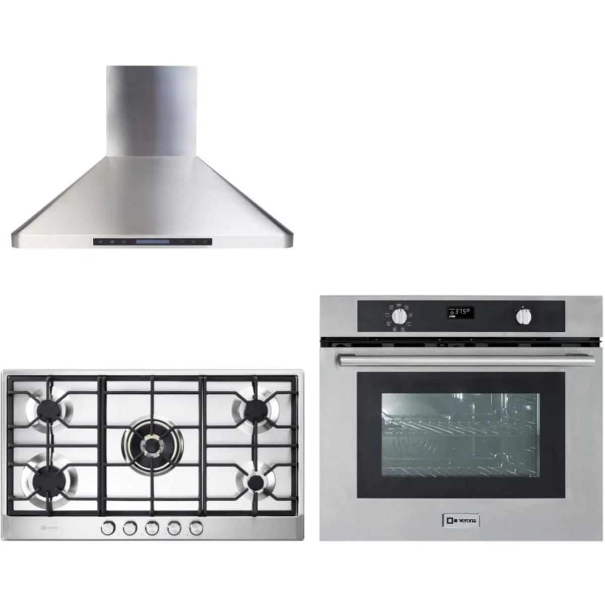 Verona 3-Piece Package VDGCT536FSS 36 Inch Gas Cooktop and VEBIEM3024NSS 30 Inch Single Convection Electric Wall Ove and VEHOOD36CH 36 Inch Chimney Range Hoo
