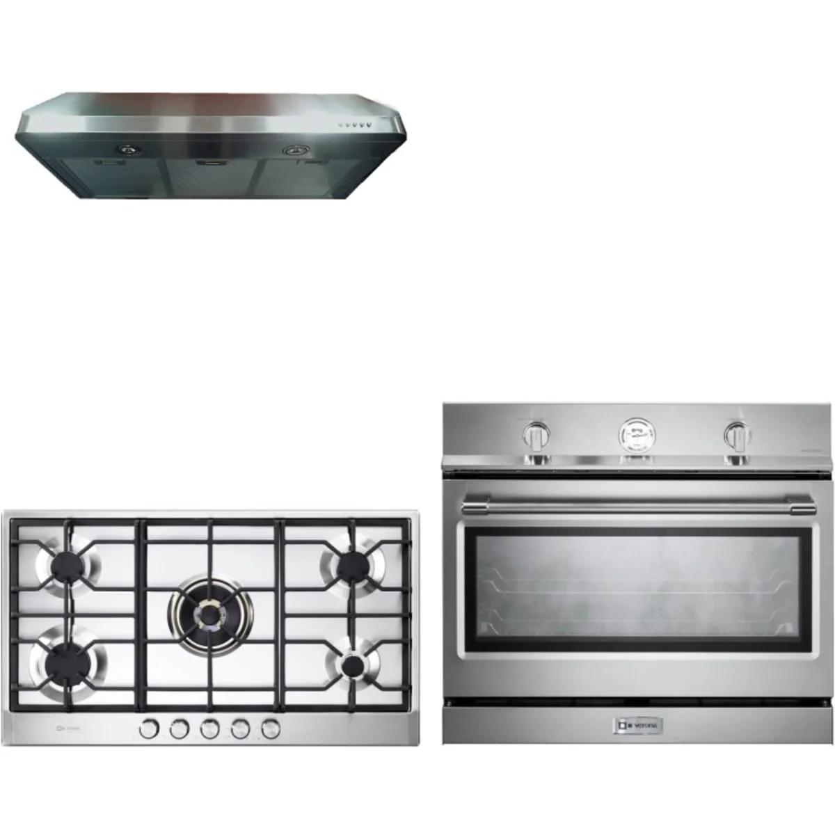 Verona 3-Piece Package VDGCT536FSS 36 Inch Gas Cooktop and VEBIG30NSS 30 Inch Built-In Single Gas Wall Ove and VEHOOD3610 36 Inch Under Cabinet Range Hoo