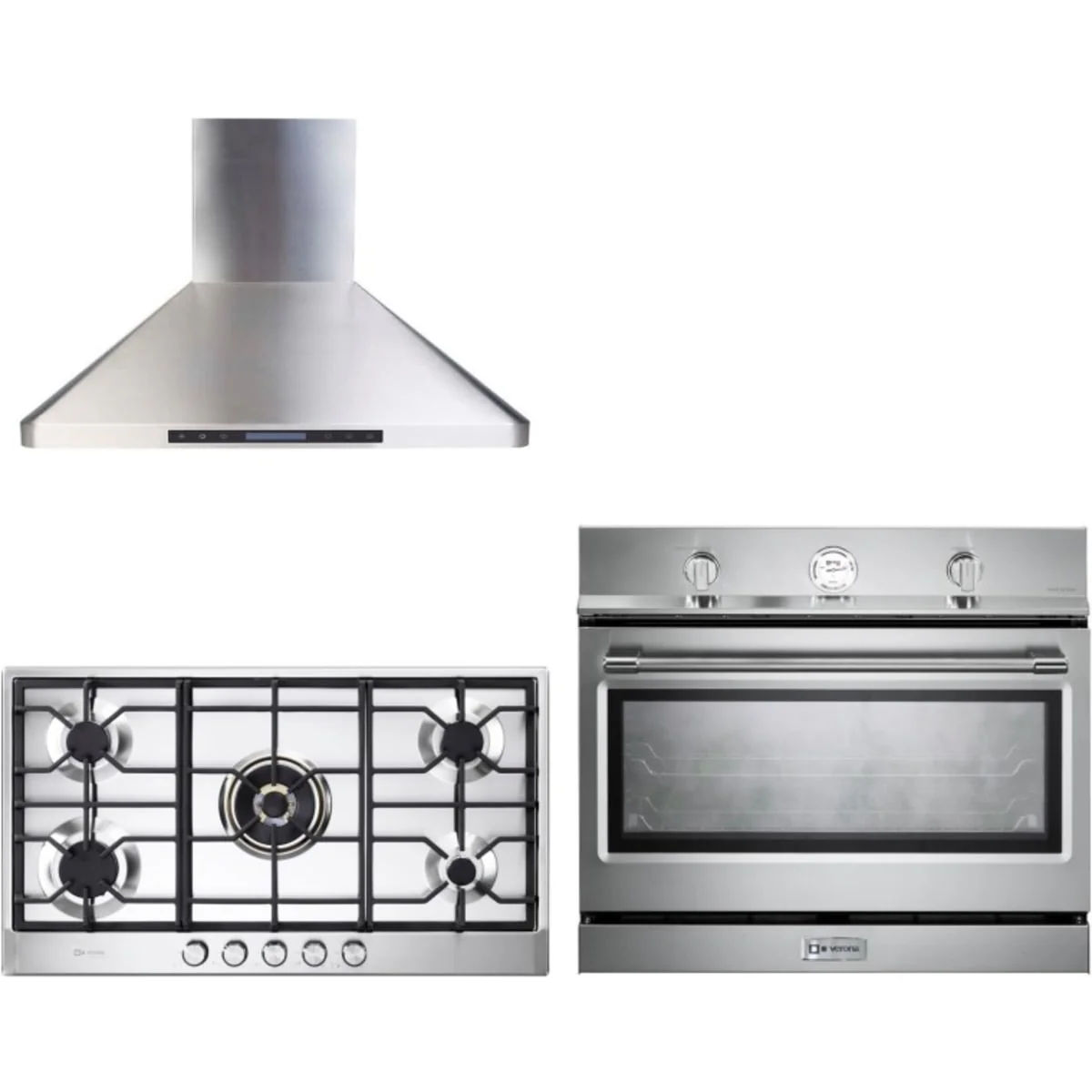 Verona 3-Piece Package VDGCT536FSS 36 Inch Gas Cooktop and VEBIG30NSS 30 Inch Built-In Single Gas Wall Ove and VEHOOD36CH 36 Inch Chimney Range Hoo