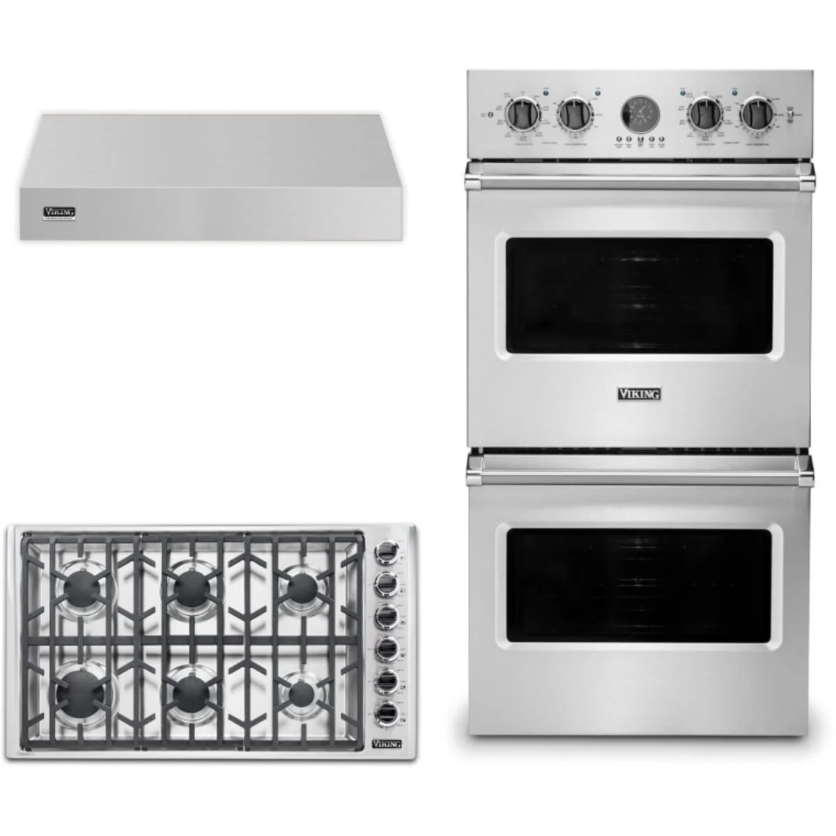 Viking 3-Piece Package VGSU53616BSS 36 Inch Professional 5 Series Gas Cooktop and VDOE527SS 27 Inch Double Convection Electric Wall Ove and VWH536121SS 36 Inch Wall Mount Range Hoo