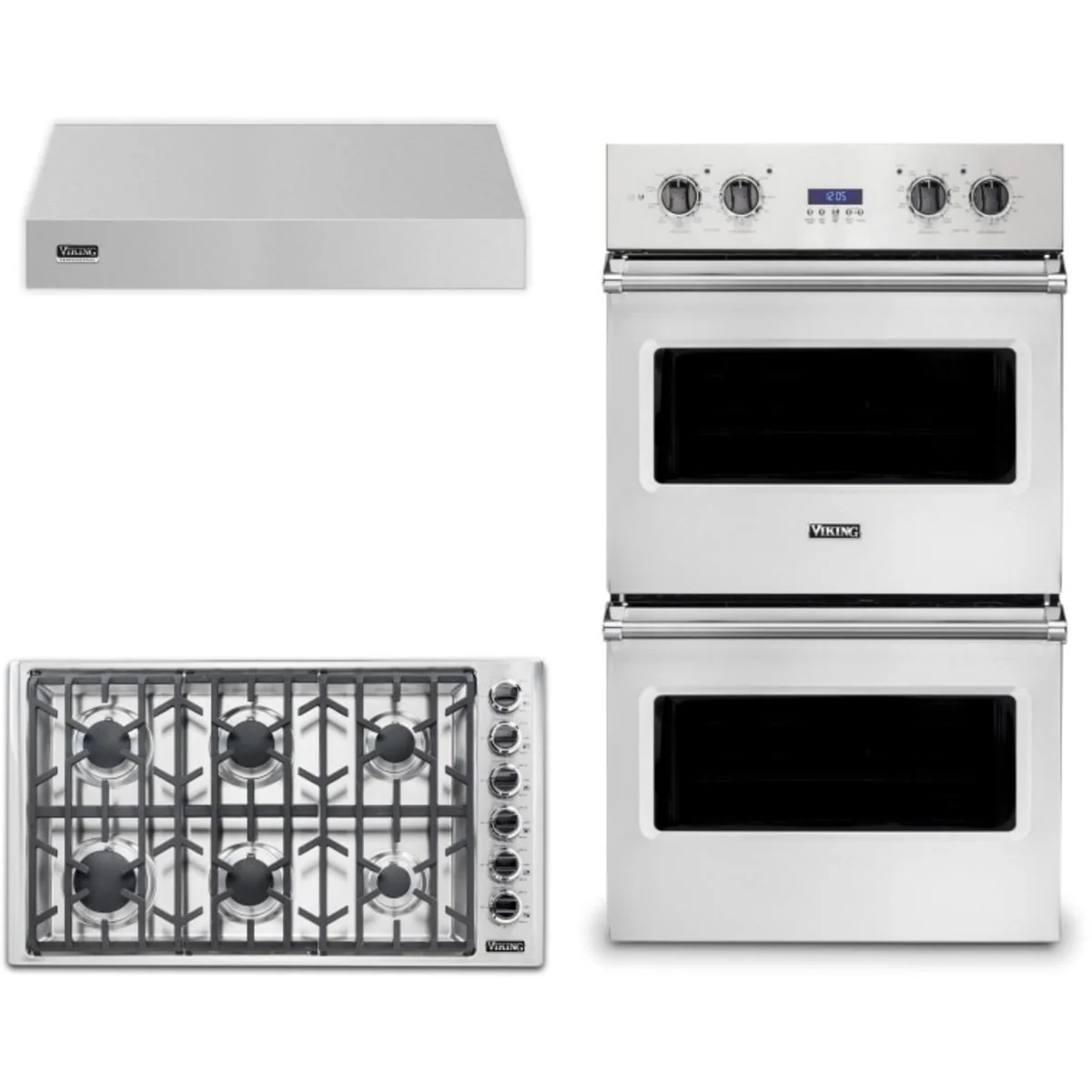 Viking 3-Piece Package VGSU53616BSSLP 36 Inch Professional 5 Series Gas Cooktop and VDOE130SS 30 Inch Built-In Double Electric Wall Ove and VWH536121SS 36 Inch Wall Mount Range Hoo