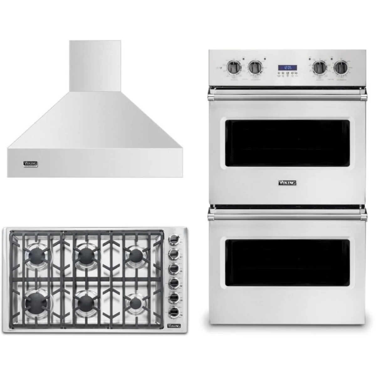 Viking 3-Piece Package VGSU53616BSSLP 36 Inch Professional 5 Series Gas Cooktop and VDOE130SS 30 Inch Double Electric Wall Oven and VCWH53648SS 36 Inch Wall Mount Range Hood