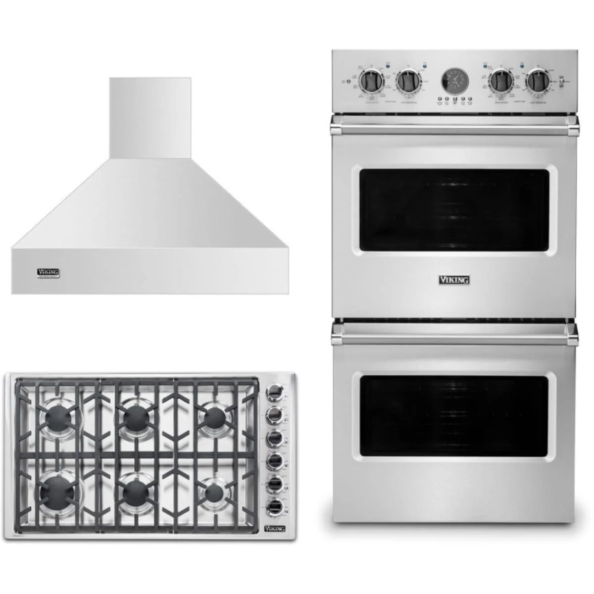 Viking 3-Piece Package VGSU53616BSSLP 36 Inch Professional 5 Series Gas Cooktop and VDOE527SS 27 Inch Double Convection Electric Wall Ove and VCWH53648SS 36 Inch Wall Mount Range Hoo